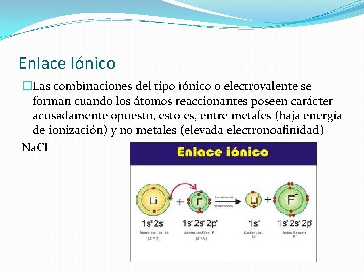 Enlace Iónico �Las combinaciones del tipo iónico o electrovalente se forman cuando los átomos