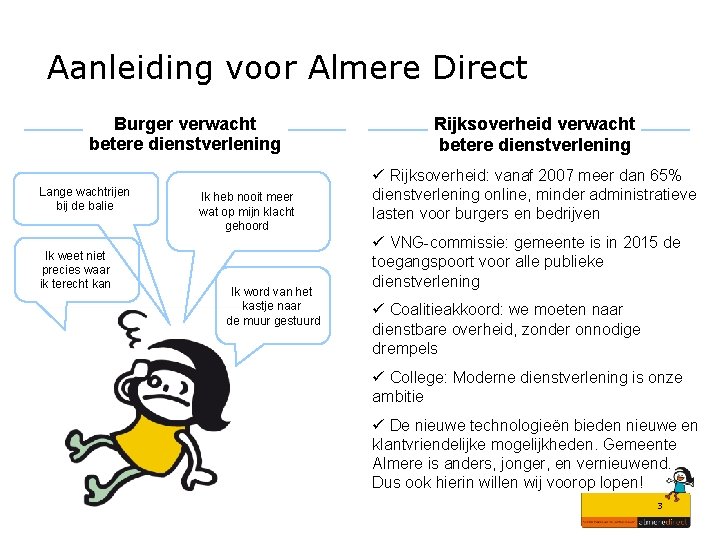 Aanleiding voor Almere Direct Burger verwacht betere dienstverlening Lange wachtrijen bij de balie Ik