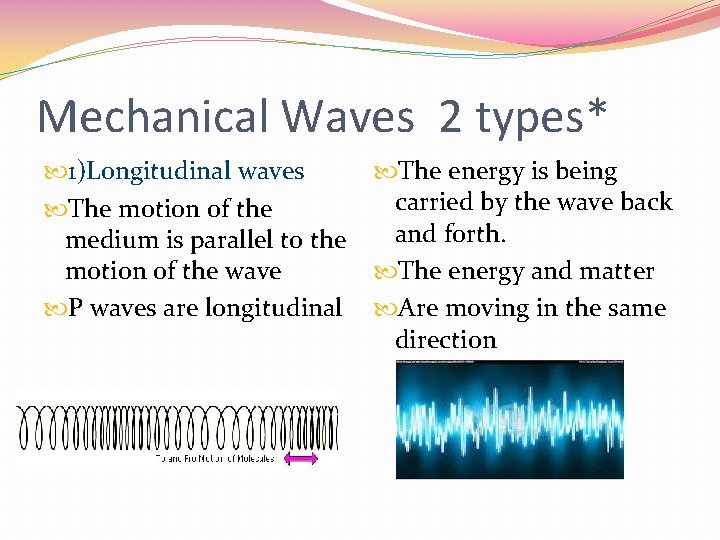 Mechanical Waves 2 types* 1)Longitudinal waves The motion of the medium is parallel to
