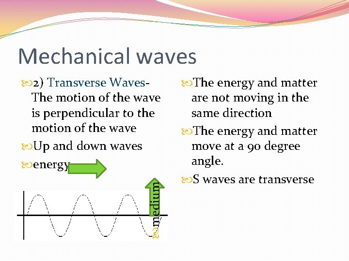 Mechanical waves medium 2) Transverse Waves. The motion of the wave is perpendicular to