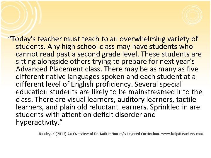 “Today's teacher must teach to an overwhelming variety of students. Any high school class