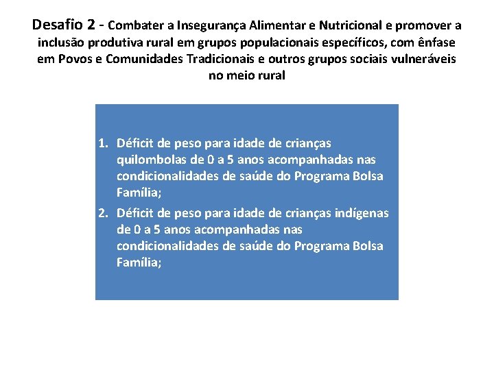 Desafio 2 - Combater a Insegurança Alimentar e Nutricional e promover a inclusão produtiva Desafio 2 - Combater a Insegurança Alimentar e Nutricional e promover a inclusão produtiva
