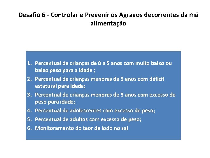 Desafio 6 - Controlar e Prevenir os Agravos decorrentes da má alimentação 1. Percentual Desafio 6 - Controlar e Prevenir os Agravos decorrentes da má alimentação 1. Percentual