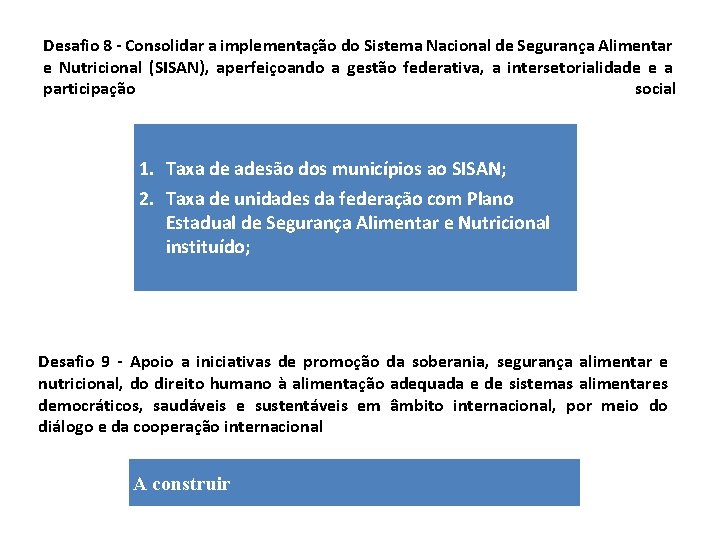 Desafio 8 - Consolidar a implementação do Sistema Nacional de Segurança Alimentar e Nutricional Desafio 8 - Consolidar a implementação do Sistema Nacional de Segurança Alimentar e Nutricional