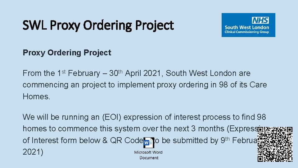 SWL Proxy Ordering Project From the 1 st February – 30 th April 2021,