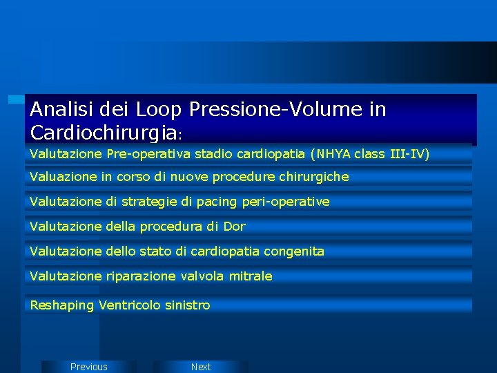 Analisi dei Loop Pressione-Volume in Cardiochirurgia: Valutazione Pre-operativa stadio cardiopatia (NHYA class III-IV) Valuazione Analisi dei Loop Pressione-Volume in Cardiochirurgia: Valutazione Pre-operativa stadio cardiopatia (NHYA class III-IV) Valuazione