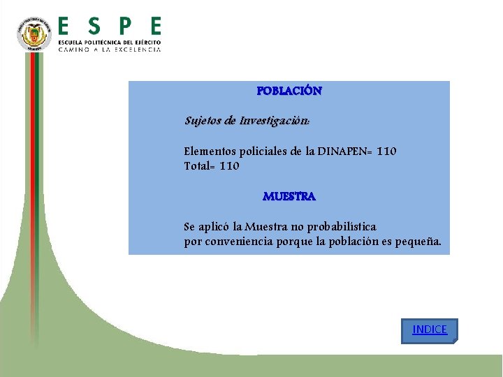 POBLACIÓN Sujetos de Investigación: Elementos policiales de la DINAPEN= 110 Total= 110 MUESTRA Se