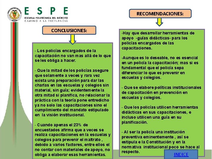 RECOMENDACIONES: CONCLUSIONES: - Los policías encargados de la capacitación no van mas allá de