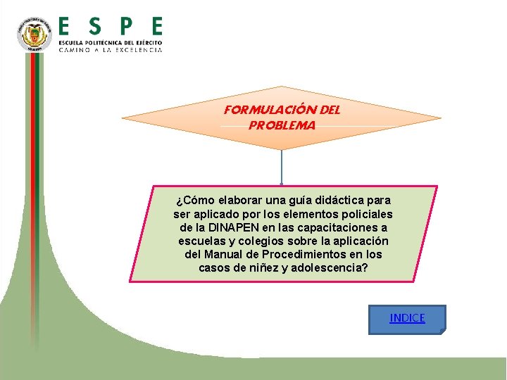 FORMULACIÓN DEL PROBLEMA ¿Cómo elaborar una guía didáctica para ser aplicado por los elementos