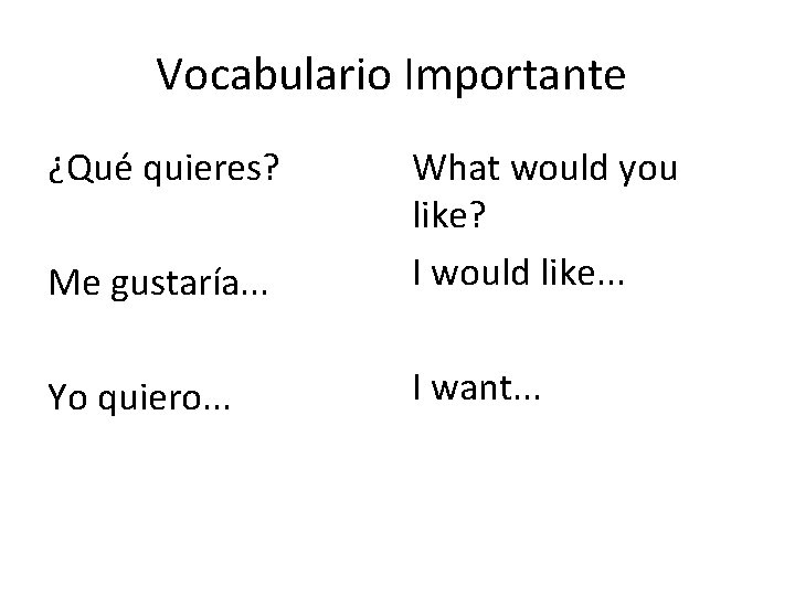 Vocabulario Importante ¿Qué quieres? Me gustaría. . . What would you like? I would