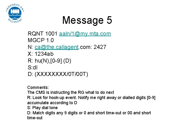 Message 5 RQNT 1001 aaln/1@my. mta. com MGCP 1. 0 N: ca@the. callagent. com: