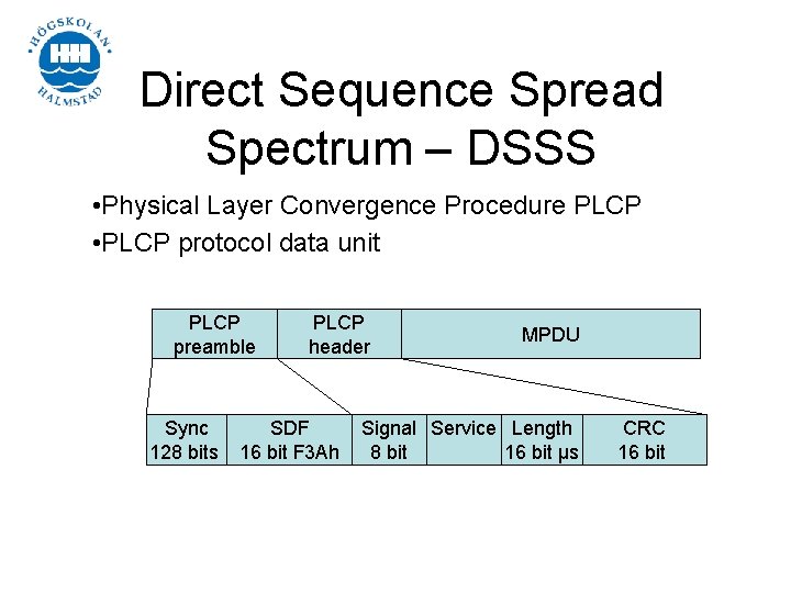 Direct Sequence Spread Spectrum – DSSS • Physical Layer Convergence Procedure PLCP • PLCP