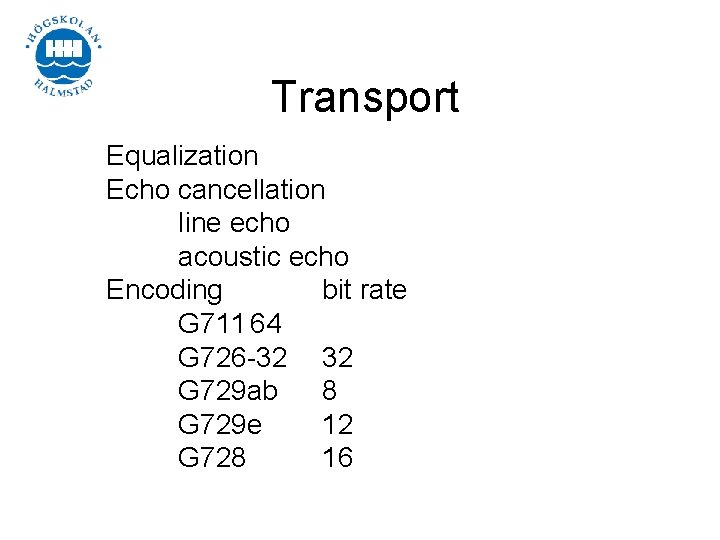 Transport Equalization Echo cancellation line echo acoustic echo Encoding bit rate G 711 64