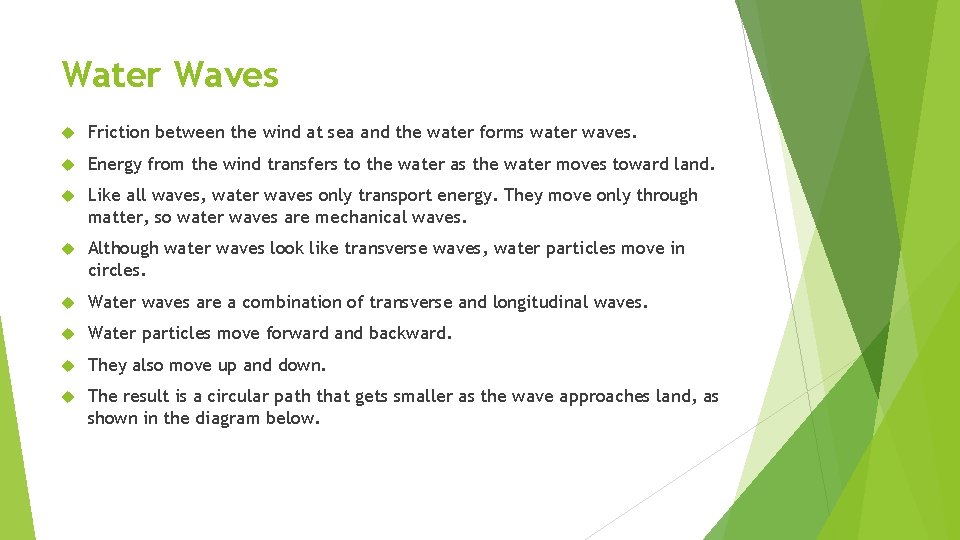 Water Waves Friction between the wind at sea and the water forms water waves.