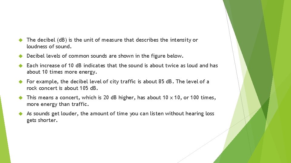  The decibel (d. B) is the unit of measure that describes the intensity