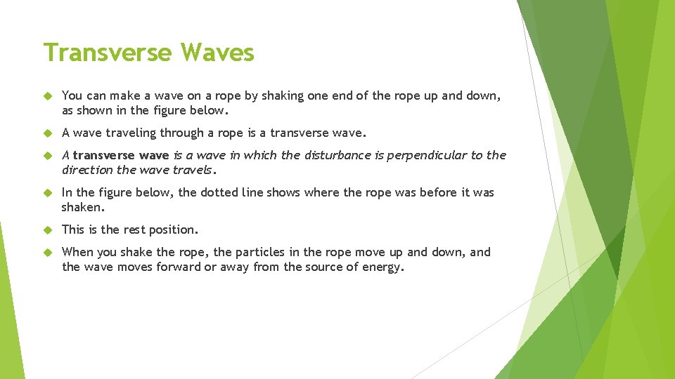 Transverse Waves You can make a wave on a rope by shaking one end