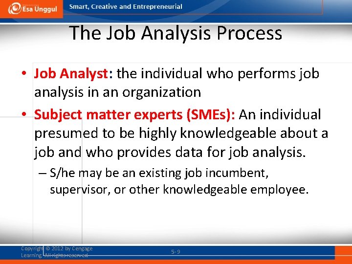 The Job Analysis Process • Job Analyst: the individual who performs job analysis in