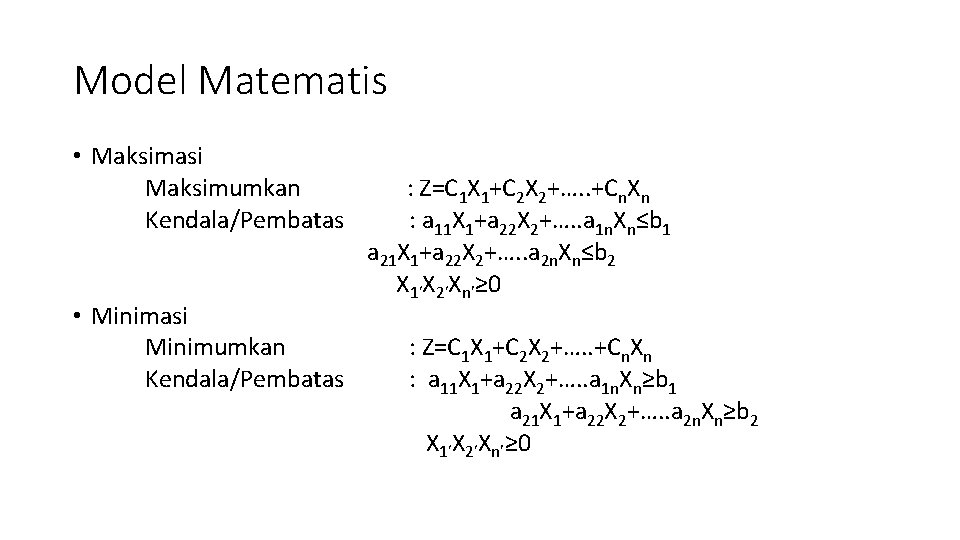 Model Matematis • Maksimasi Maksimumkan Kendala/Pembatas • Minimasi Minimumkan Kendala/Pembatas : Z=C 1 X