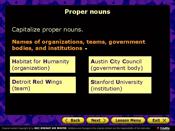Proper nouns Capitalize proper nouns. Names of organizations, teams, government bodies, and institutions Habitat Proper nouns Capitalize proper nouns. Names of organizations, teams, government bodies, and institutions Habitat