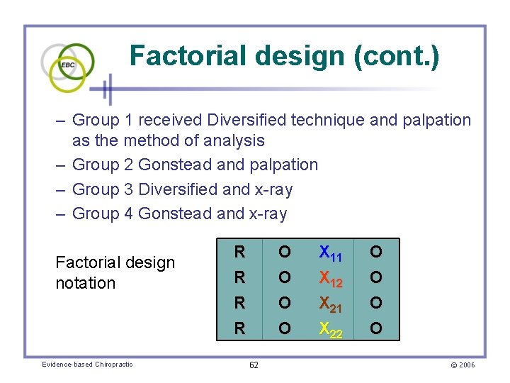 Factorial design (cont. ) – Group 1 received Diversified technique and palpation as the