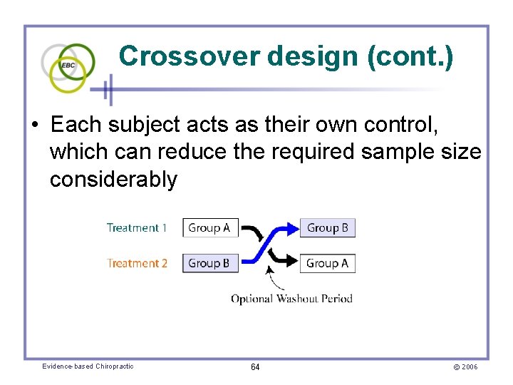 Crossover design (cont. ) • Each subject acts as their own control, which can