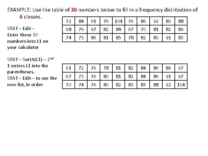 EXAMPLE: Use the table of 30 numbers below to fill in a frequency distribution
