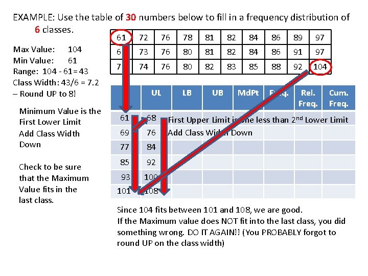 EXAMPLE: Use the table of 30 numbers below to fill in a frequency distribution