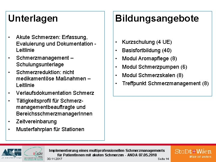 Unterlagen • • Akute Schmerzen: Erfassung, Evaluierung und Dokumentation Leitlinie Schmerzmanagement – Schulungsunterlage Schmerzreduktion: Unterlagen • • Akute Schmerzen: Erfassung, Evaluierung und Dokumentation Leitlinie Schmerzmanagement – Schulungsunterlage Schmerzreduktion: