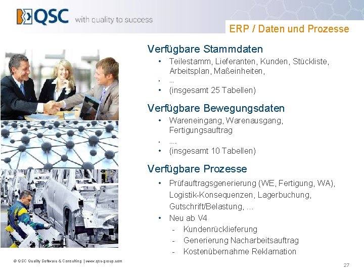 ERP / Daten und Prozesse Verfügbare Stammdaten • Teilestamm, Lieferanten, Kunden, Stückliste, Arbeitsplan, Maßeinheiten,