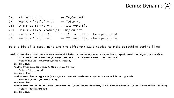 Demo: Dynamic (4) C#: VB: VB: string s = d; var x = "hello"