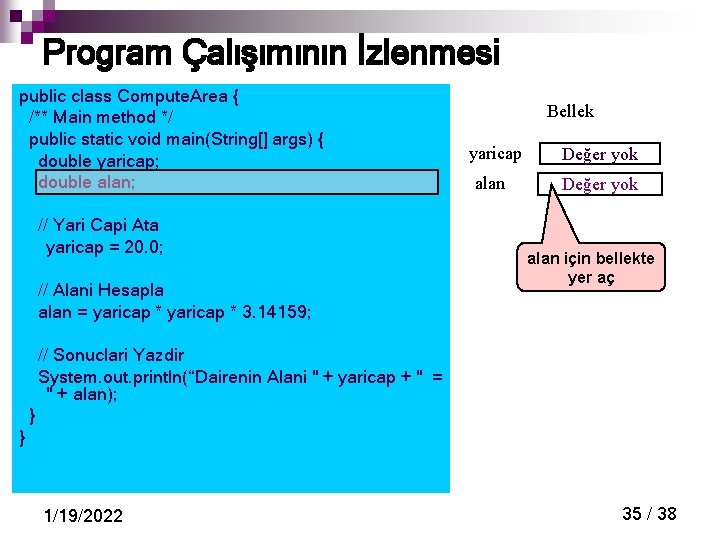 Program Çalışımının İzlenmesi public class Compute. Area { /** Main method */ public static