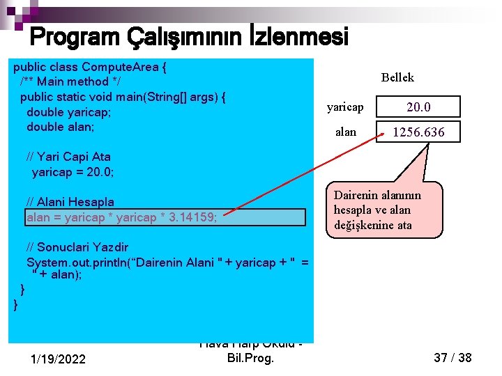 Program Çalışımının İzlenmesi public class Compute. Area { /** Main method */ public static