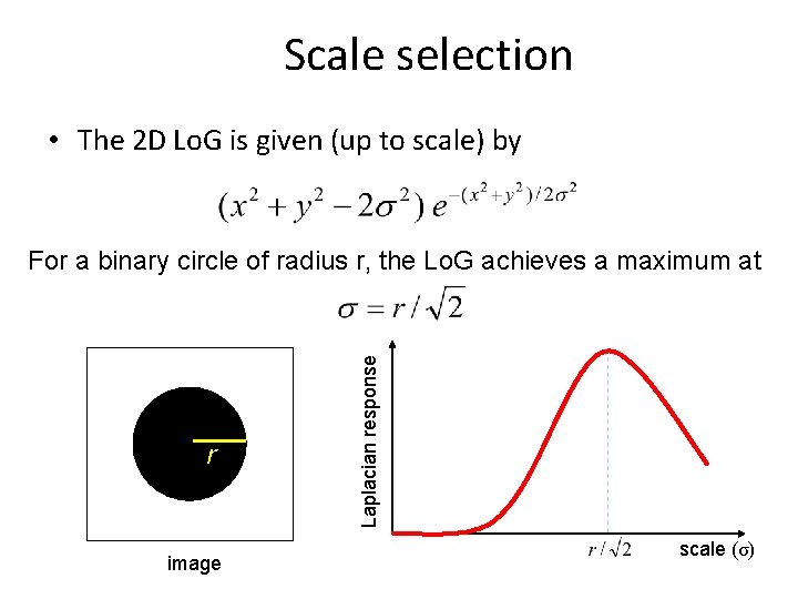 Scale selection • The 2 D Lo. G is given (up to scale) by