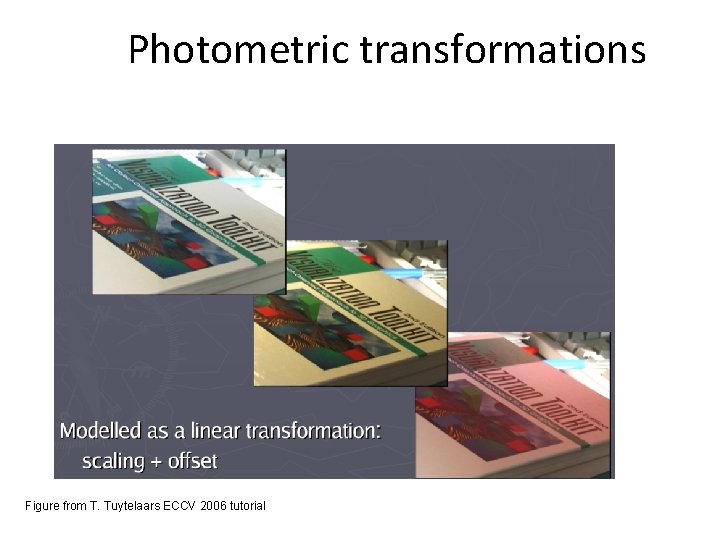 Photometric transformations Figure from T. Tuytelaars ECCV 2006 tutorial 