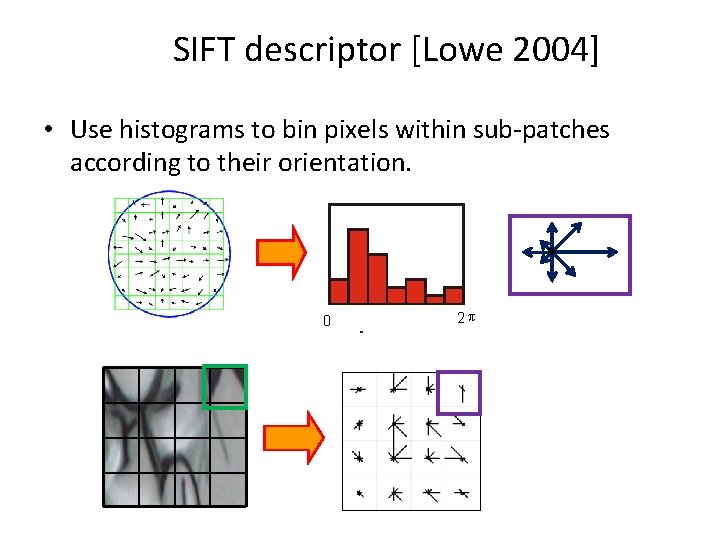 SIFT descriptor [Lowe 2004] • Use histograms to bin pixels within sub-patches according to