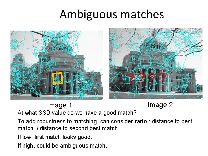 Ambiguous matches ? ? Image 1 Image 2 At what SSD value do we