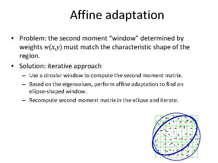 Affine adaptation • Problem: the second moment “window” determined by weights w(x, y) must