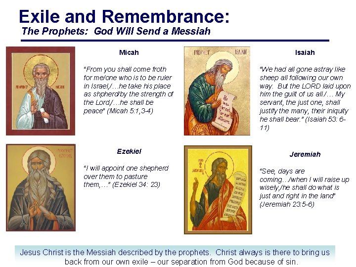 Exile and Remembrance: The Prophets: God Will Send a Messiah Micah Isaiah “From you