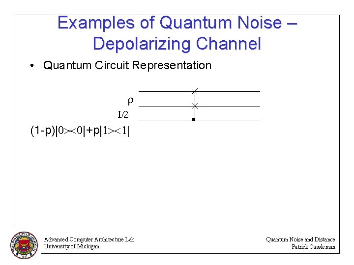 Examples of Quantum Noise – Depolarizing Channel • Quantum Circuit Representation r I/2 (1