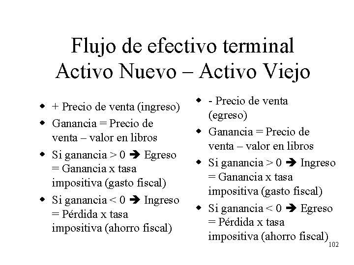 Flujo de efectivo terminal Activo Nuevo – Activo Viejo w + Precio de venta