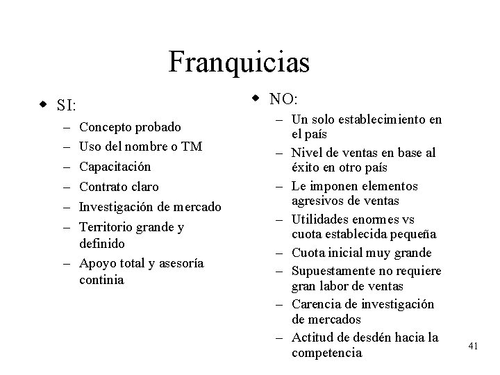 Franquicias w SI: Concepto probado Uso del nombre o TM Capacitación Contrato claro Investigación