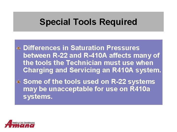 Special Tools Required Differences in Saturation Pressures between R-22 and R-410 A affects many