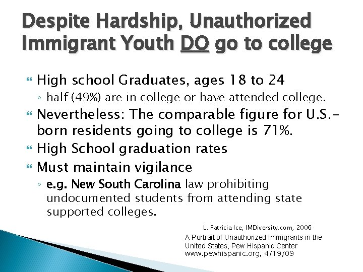 Despite Hardship, Unauthorized Immigrant Youth DO go to college High school Graduates, ages 18