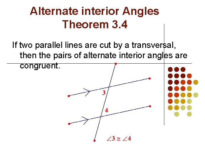 Alternate interior Angles Theorem 3. 4 If two parallel lines are cut by a