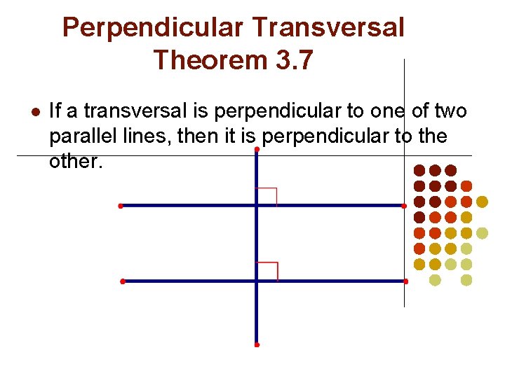 Perpendicular Transversal Theorem 3. 7 l If a transversal is perpendicular to one of