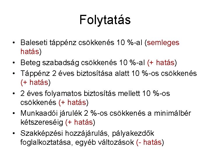 Folytatás • Baleseti táppénz csökkenés 10 %-al (semleges hatás) • Beteg szabadság csökkenés 10