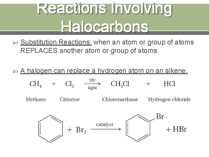 Reactions Involving Halocarbons Substitution Reactions: when an atom or group of atoms REPLACES another