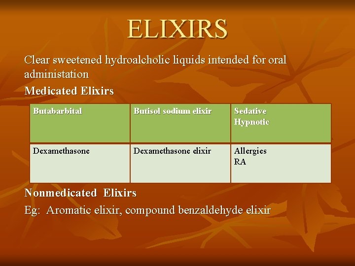 ELIXIRS Clear sweetened hydroalcholic liquids intended for oral administation Medicated Elixirs Butabarbital Butisol sodium