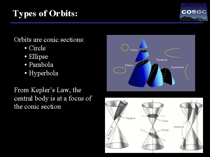 Types of Orbits: Orbits are conic sections: • Circle • Ellipse • Parabola •