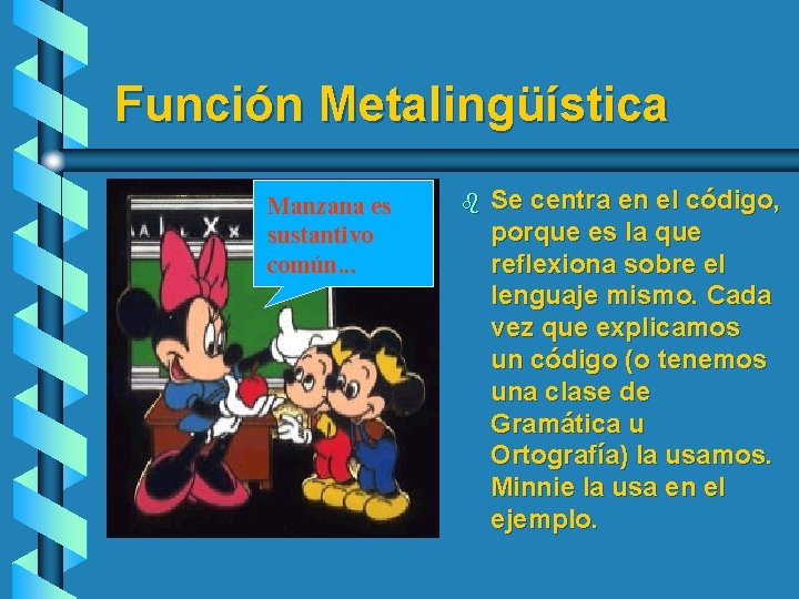 Función Metalingüística Manzana es sustantivo común. . . b Se centra en el código,